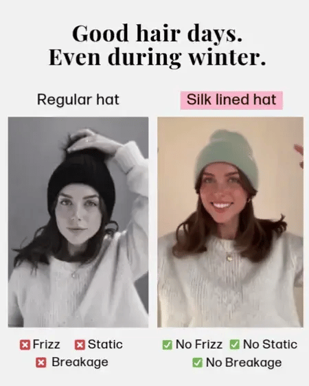 A comparison graphic showing two women wearing beanie hats in a side-by-side layout. The left side, labeled 'Regular hat' in black text, shows a woman in grayscale wearing a black beanie with a red 'X' and text listing hair issues like frizz and static.