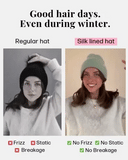 A comparison graphic showing two women wearing beanie hats in a side-by-side layout. The left side, labeled 'Regular hat' in black text, shows a woman in grayscale wearing a black beanie with a red 'X' and text listing hair issues like frizz and static.