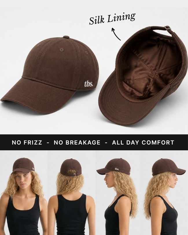 Brown cap with silk lining, showing front, back, and worn on a person against a white background.