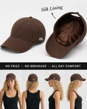 Brown cap with silk lining, showing front, back, and worn on a person against a white background.