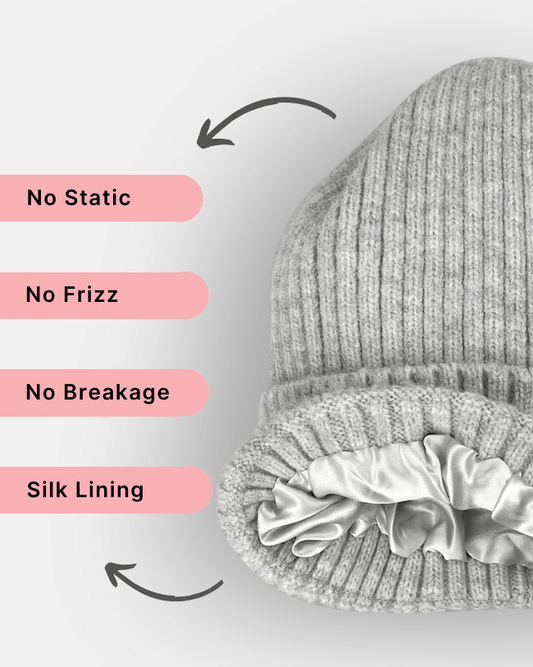 imagery showing th eusp's of a silk lined hats. no static , no frizz, no breakage, silk lining.